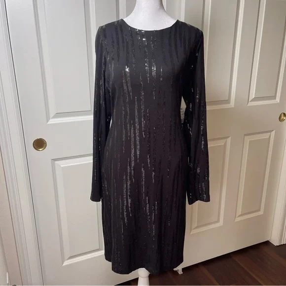 NWT Karen Kane Starlight Black Sequins Sheath Dress Long Sleeve XL - Picture 3 of 16